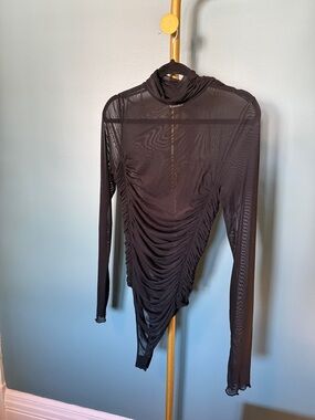 Free People Black Ruched Mesh Long-Sleeve Body Suit